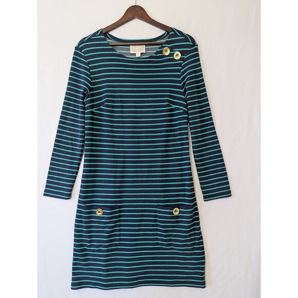 Sail to Sable Dress Blue Green Stripe Gold Buttons Pockets Long‎ Sleeves Size XS - Picture 1 of 7